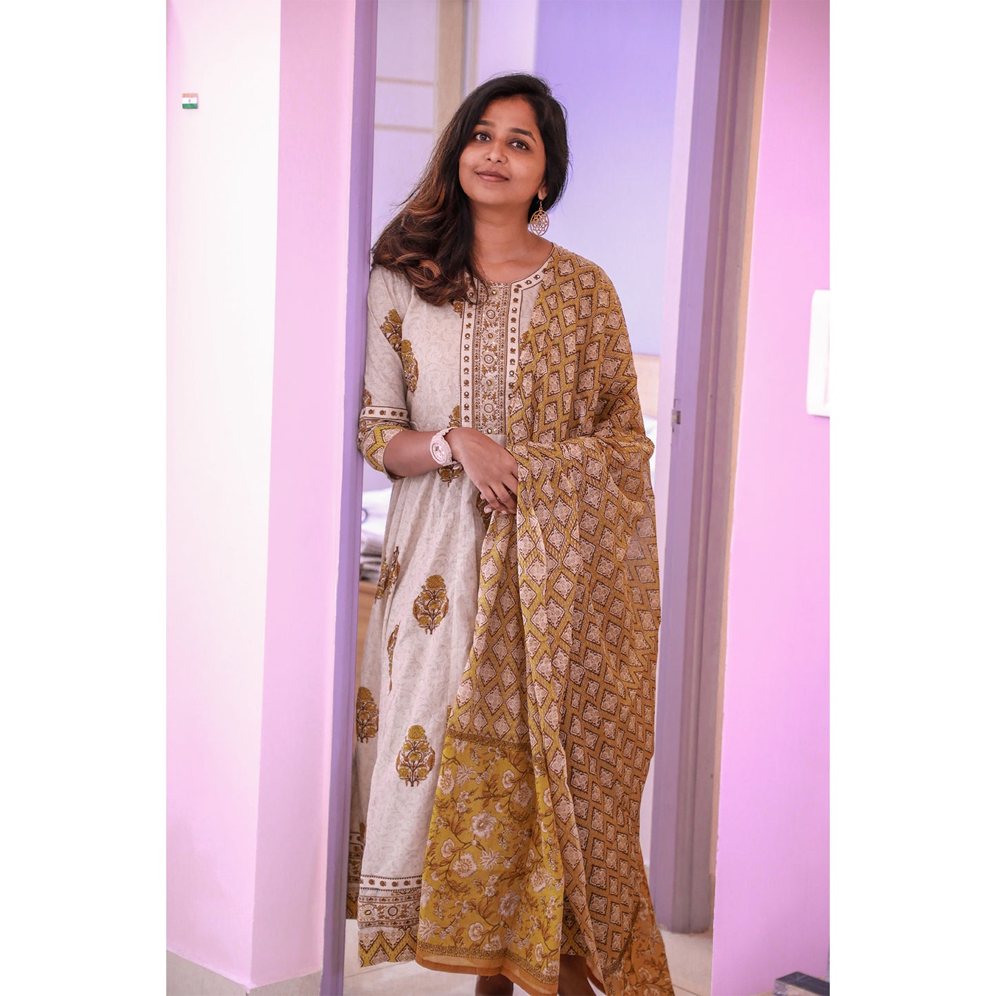 Mild Mustard Floral Chudi set
