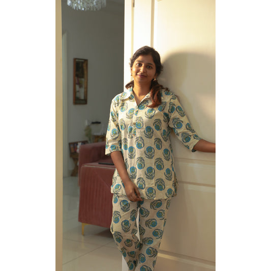 Blue hand block collar neck co-ord set